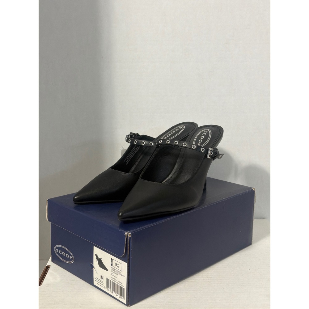 Scoop Womens Pointed Toe Stiletto Mules Black Grommet Strap Heels 8.5 NWT